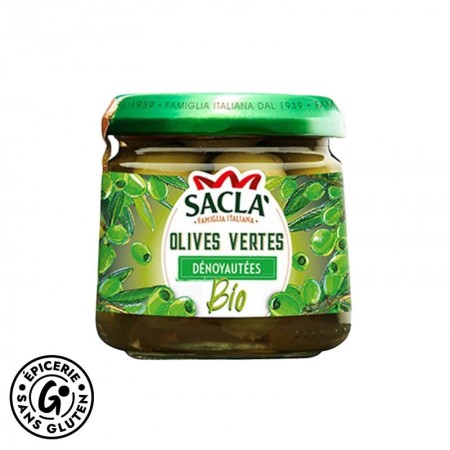 Olives vertes dénoyautées sans gluten et bio de la marque Saclà