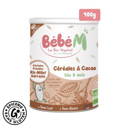 Préparation céréales et cacao sans gluten et bio dès 8 mois de la marque Bébé M