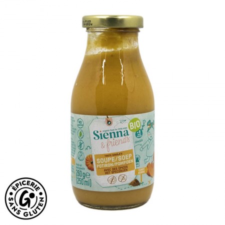 Soupe pour bébé au potiron et épices sans gluten et Bio de la marque Sienna & friends