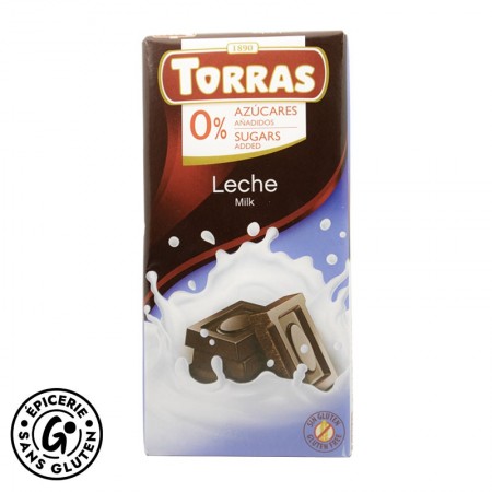 chocolat au lait sans gluten et sans sucres ajoutés de la marque Torras