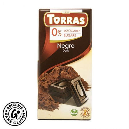 chocolat noir sans gluten et sans sucres ajoutés de la marque espagnole Torras