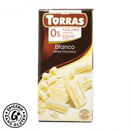 chocolat blanc sans gluten et sans sucres ajoutés de la marque Torras
