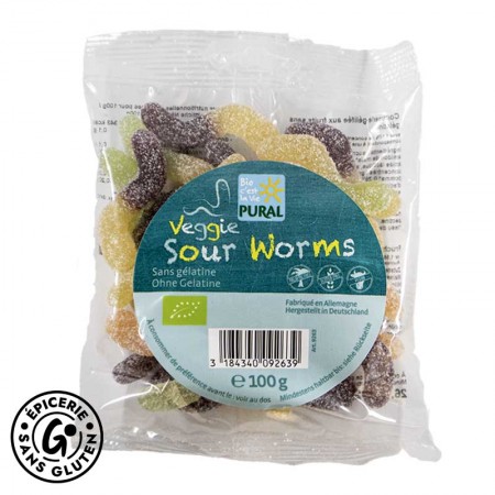 Bonbons acidulés Worms sans gluten et BIO de la marque PURAL